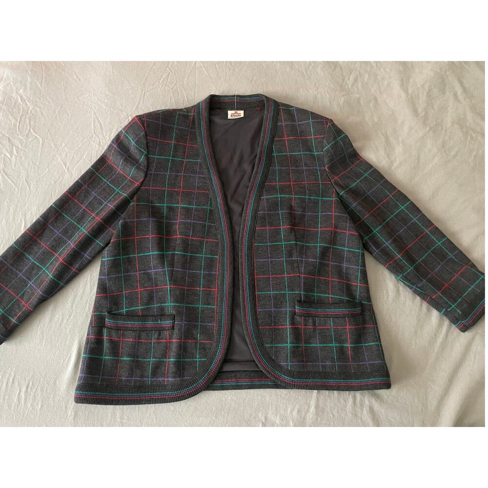 Vtg. Bleyle Wool/Wool Blend gray plaid Print SZ 14 Blazer w/ Pockets